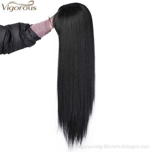 Vigorous Lace Front Good Quality Long Silky Straight Wig With Bangs Synthetic 28 Inch For Black Women Heat Resistant Fiber Wigs